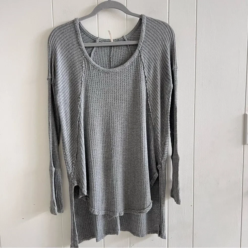 Free People Gray Ventura Raglan Waffle Knit Thermal Top Long Sleeve Size S